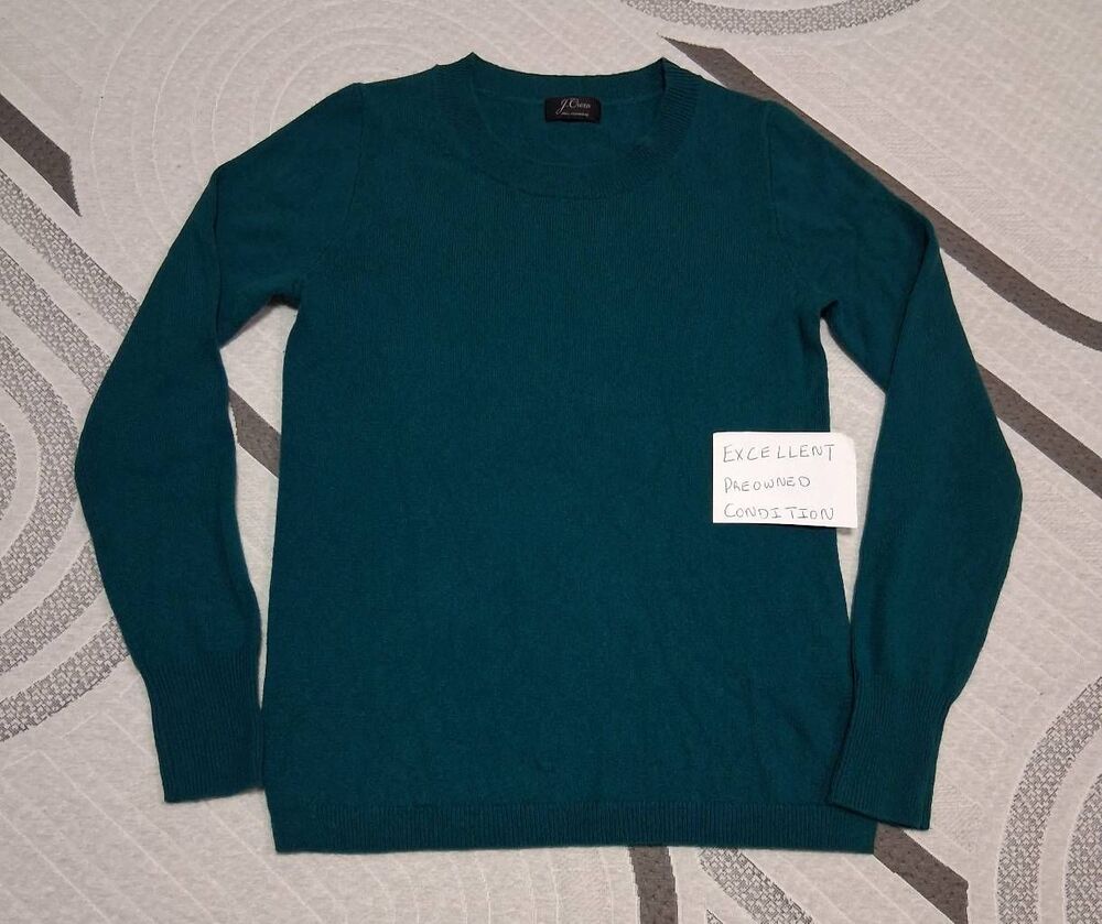 J.crew womens small 100% cashmere sweater teal green classic crew neck
